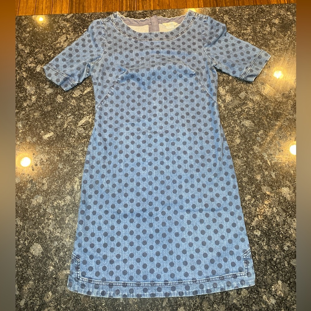 Boden Women Denim Shift Dress Freya Size 8R Pockets Polka Dots